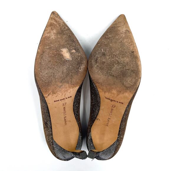 Manolo Blahnik BB Pumps Glitter Stiletto Heels Pointed Toe Dark Gold Sz 37 / 7 - Picture 8 of 8